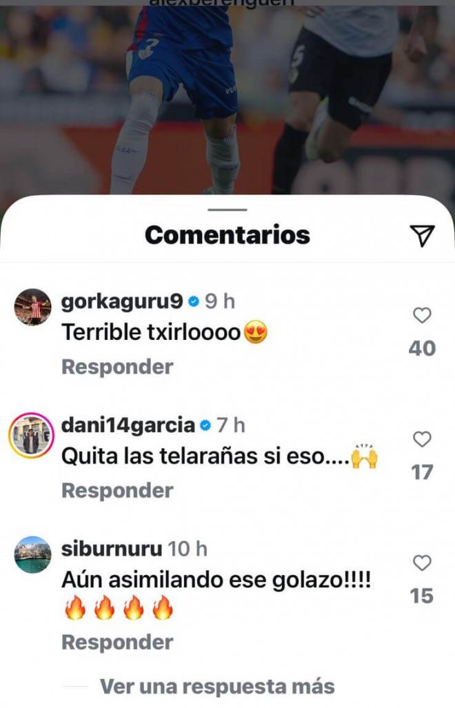 Comentarios en Instagram por el golazo de Alex Berenguer en el Valencia-Athletic Club.