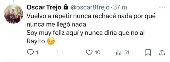 El tuit de Óscar Trejo respondiendo a su renovación con el Rayo (Imagen: Unión Rayo).