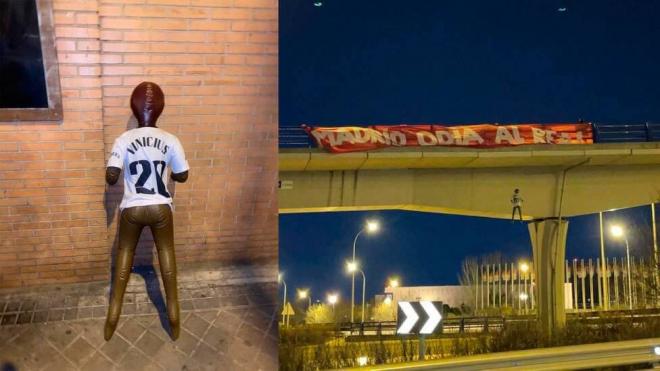 El muñeco con la camiseta de Vinicius, colgado de un puente en Valdebebas (Redes sociales)