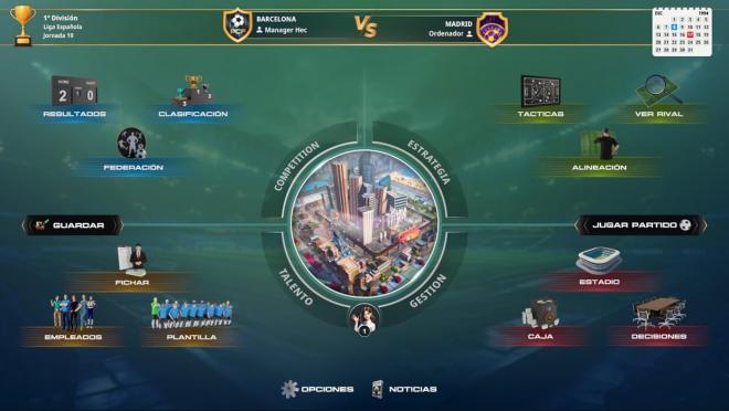 El menú principal de PC Fútbol 8 con todas las opciones troncales.