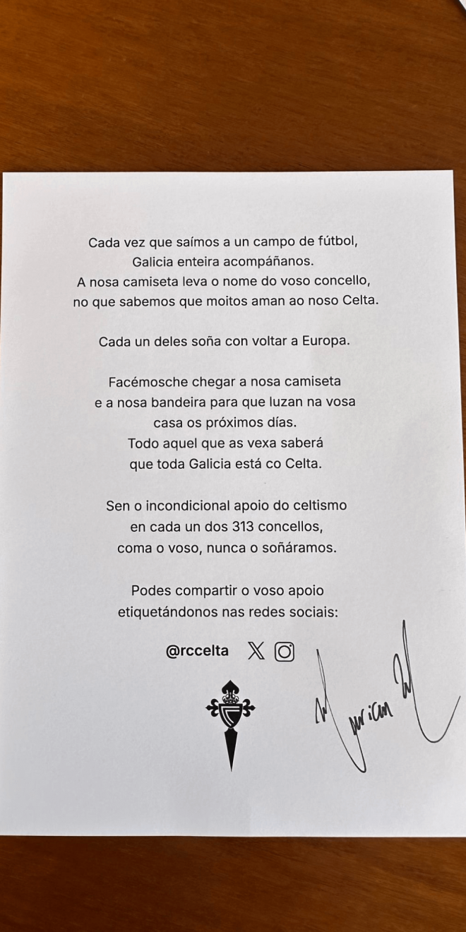 Carta enviada por el Celta (Foto: Concello de Beade).