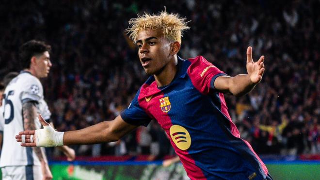 Lamine Yamal celebra un gol en la Champions League (Europa Press)