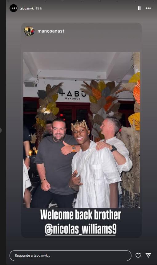 Nico Williams, en un nightclub de Mykonos (Foto: Instagram).