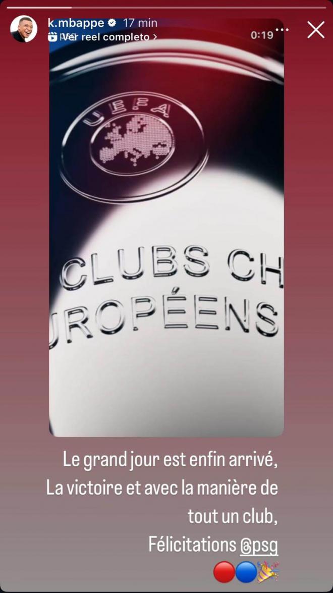 Felicitación de Mbappé al PSG. (Foto: Instagram)