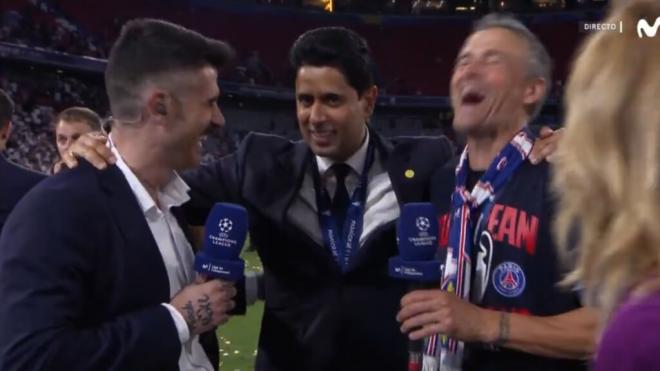 Nasser Al Khelaifi interrumpió la entrevista a Luis Enrique para elogiarle (captura: Movistar+).