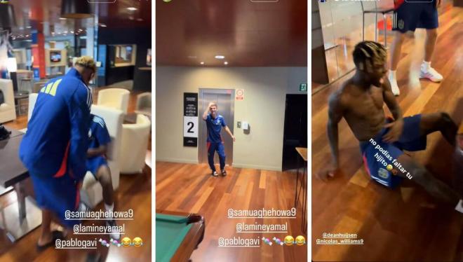 Huijsen y Samu Aghehowa muestran en redes el pique con Gavi, Lamine y Nico Williams.