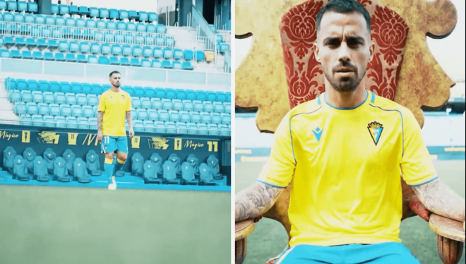 Suso posa con la nueva camiseta del Cádiz CF en el vídeo de presentación.