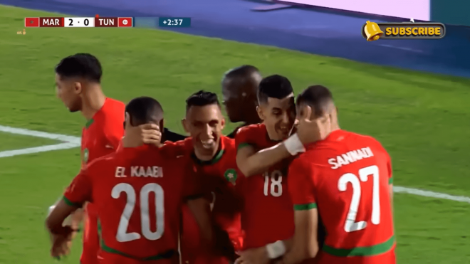 Maroan Sannadi celebra el 2-0 de Marruecos ante Túnez.