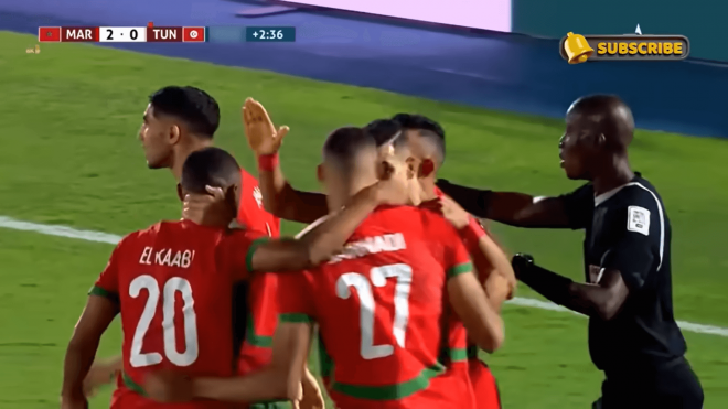 Maroan Sannadi celebra el 2-0 de Marruecos ante Túnez.