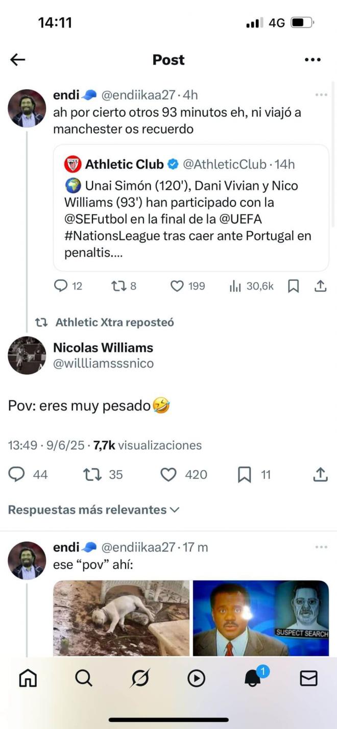 Nico Williams tuvo un encontronazo en las redes sociales con un aficionado del Athletic Club.