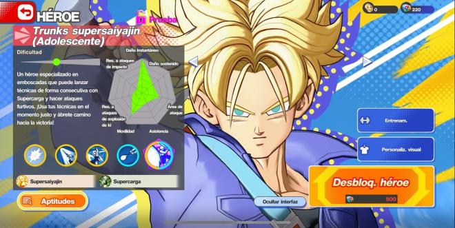 Trunks en el menú de personajes de Dragon Ball Gekishin Squadra.