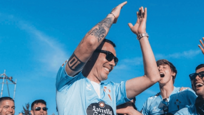 Iago Aspas, durante la celebración del Celta (Foto: RCCV).