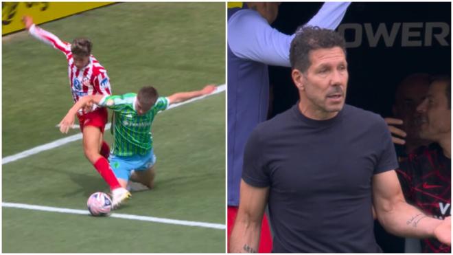Diego Simeone se sorprendió de que se anulara el penalti sobre Giuliano Simeone (captura DAZN).
