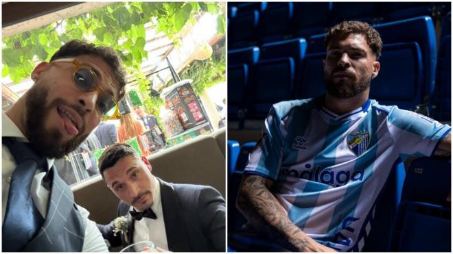 Dani Sánchez, en la boda de Alfonso Herrero y con la nueva camiseta del Málaga.