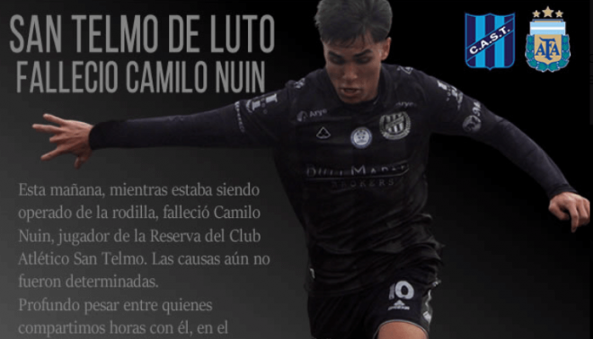 Muere un juvenil del club San Telmo en Argentina durante una operación de rodilla (FOTO: @clubsan