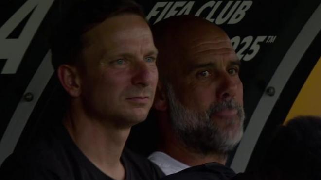 La cara de Pep Guardiola con el error de Ederson (Telecinco)