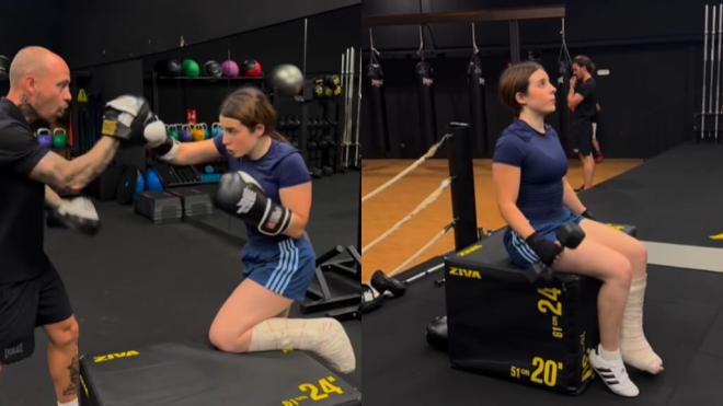 Roro entrenando en el gimnasio con la pierna escayolada (Foto: @whoisroro)