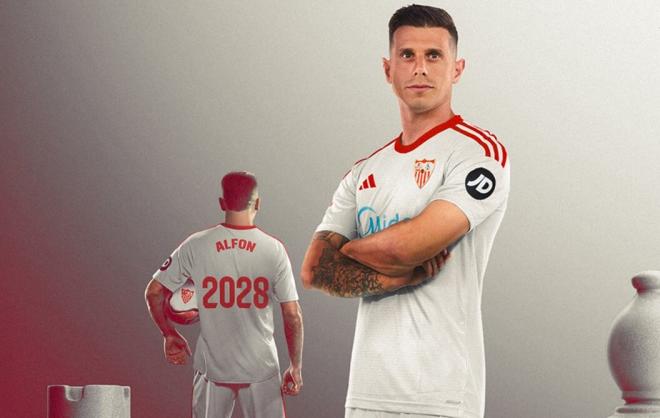 Montaje con el que el Sevilla hizo oficial el fichaje de Alfon (Imagen: SFC).