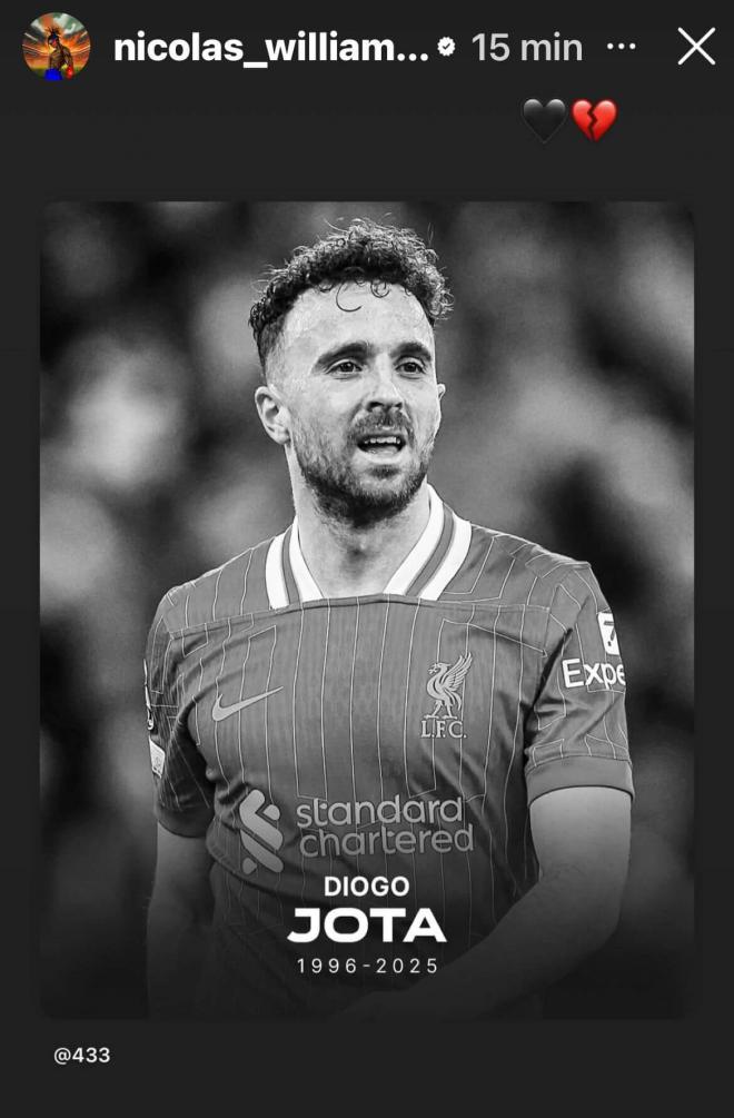 El pésame de Nico Williams por la muerte de Diogo Jota, futbolista portugués del Liverpool FC (Foto: Instagram).