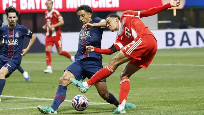 Marquinhos defendiendo un tiro de Musiala (Fuente: EFE)