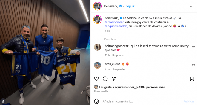 Like de Ezequiel Fernández en un post adelantando su fichaje por la Real.