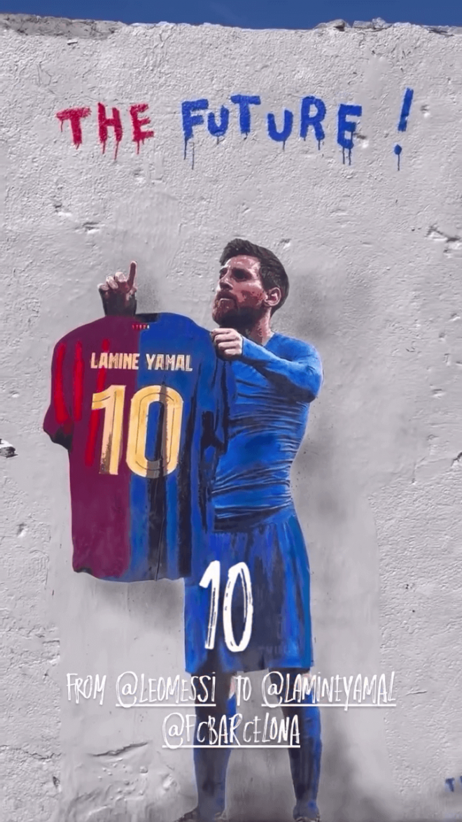 El mural de Messi con el nuevo dorsal de Lamine Yamal (Foto: Instagram TV Boy)