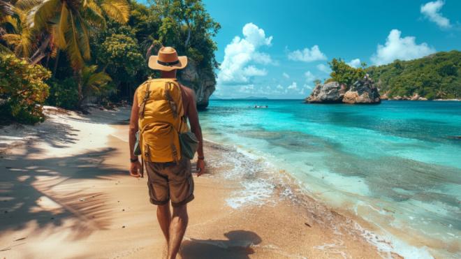 Hombre con un macuto de viaje en un país tropical (Foto: Freepik)