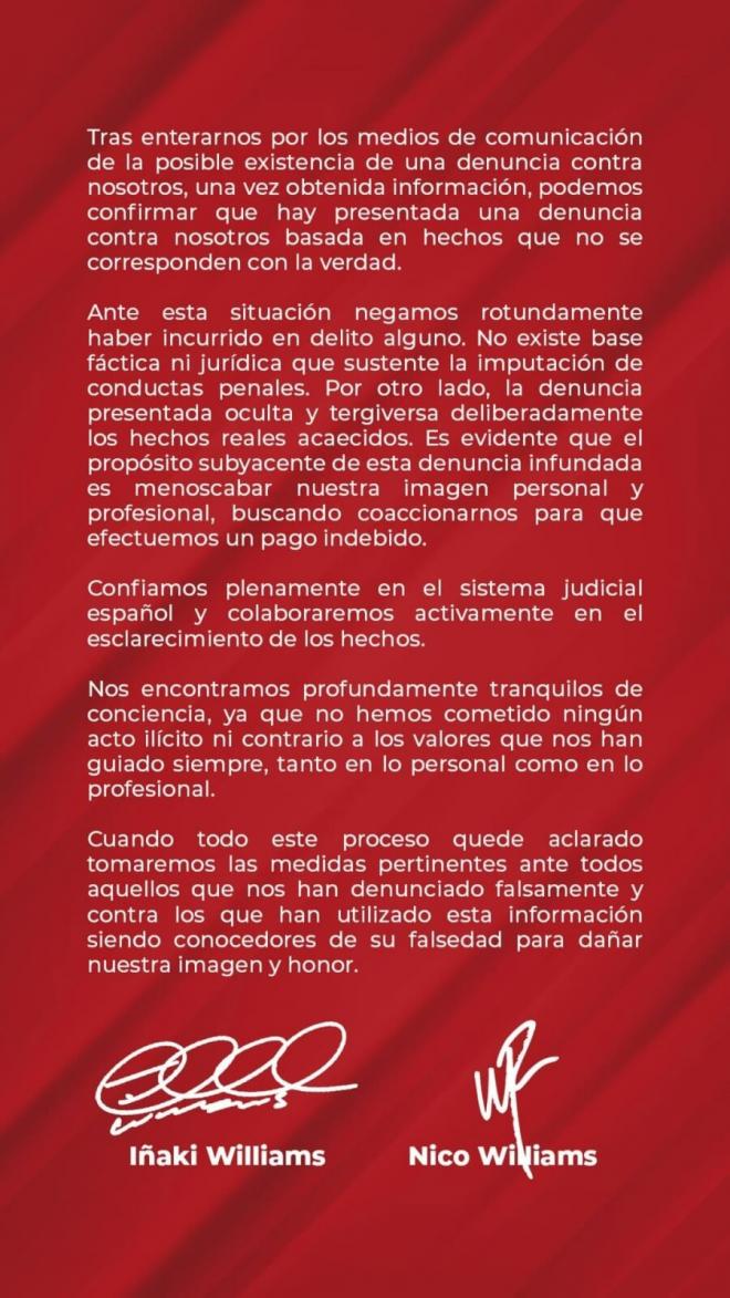 Comunicado de los hermanos Williams.
