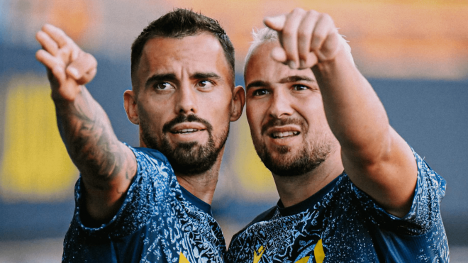 Suso y Ontiveros, en un calentamiento del Cádiz (Foto: CCF).
