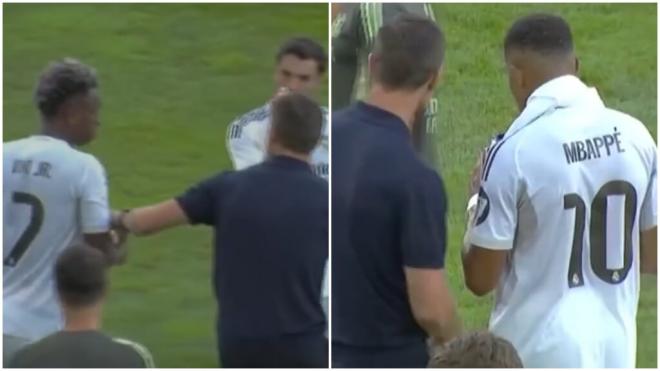 Xabi Alonso, pendiente de Vinicius y Mbappé durante el cooling break ante el Tirol (Captura de redes sociales)