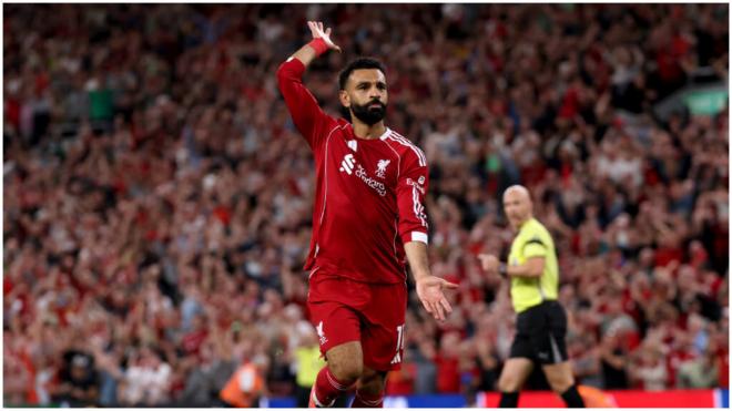 Salah celebra su gol como Diogo Jota. (@premierleague)
