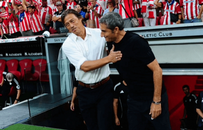Matías Almeyda y Ernesto Valverde se saludan en San Mamés. (Foto: LALIGA)