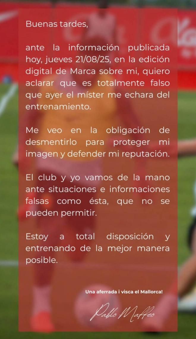 El mensaje de Pablo Maffeo en redes sociales.