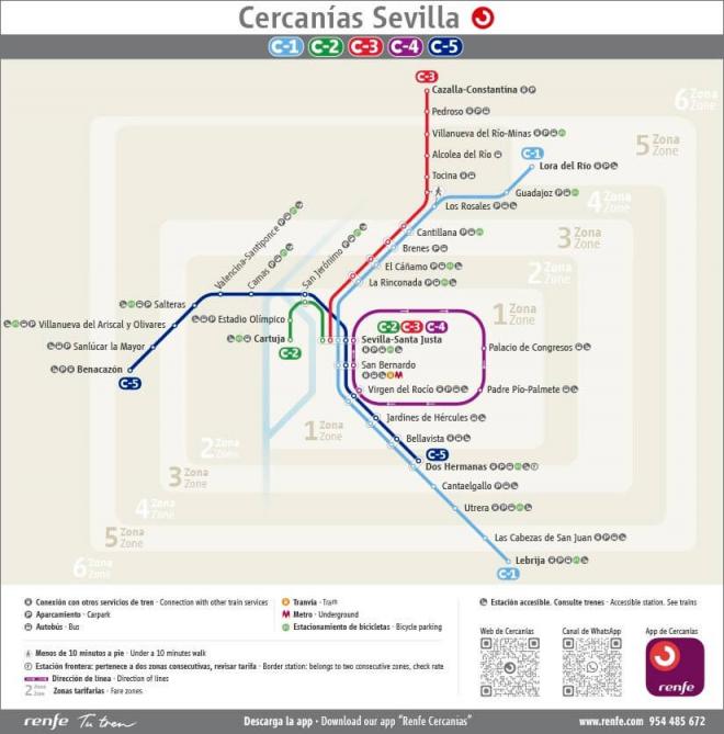 Mapa del servicio de Cercanías de Renfe en Sevilla.