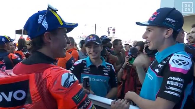 David Alonso, Marc Márquez y Máximo Quiles, los ganadores en Hungría (Foto: DAZN).