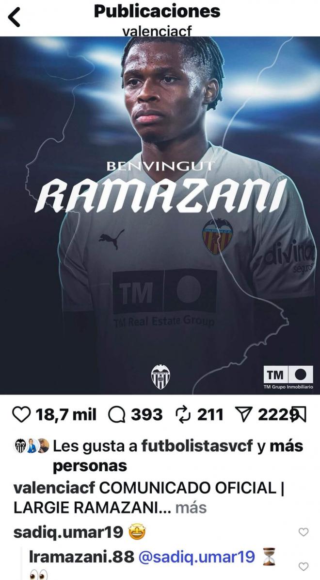 El guiño de Umar Sadiq al Valencia CF y la respuesta de Largie Ramazani