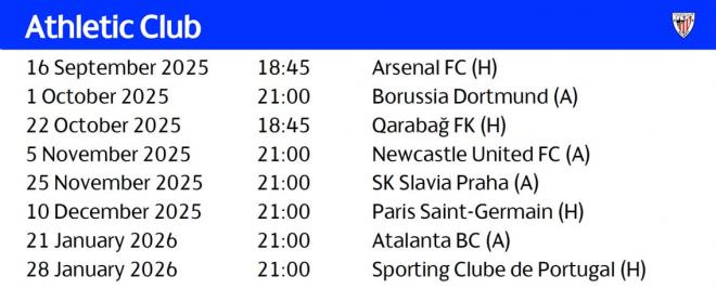 El calendario completo del Athletic Club en Champions League (Imagen: UEFA).