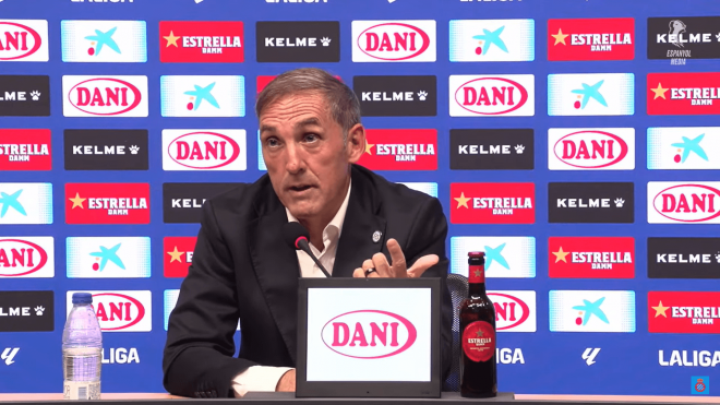 Fran Garagarza, en sala de prensa con el Espanyol.
