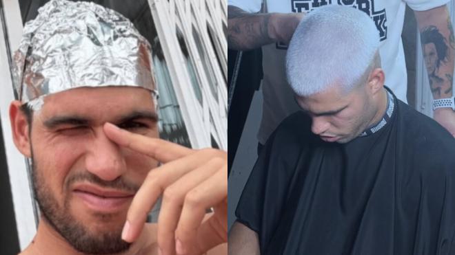 Fotomontaje del proceso de decoloración de pelo de Carlos Alcaraz (Fotos: @carlitosalcarazz y @victorbarbers5)