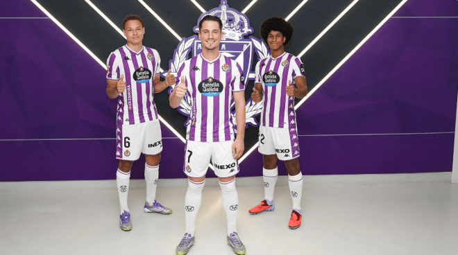 Mathis Lachuer, Sergi Canós y Peter Federico en su presentación con el Real Valladolid