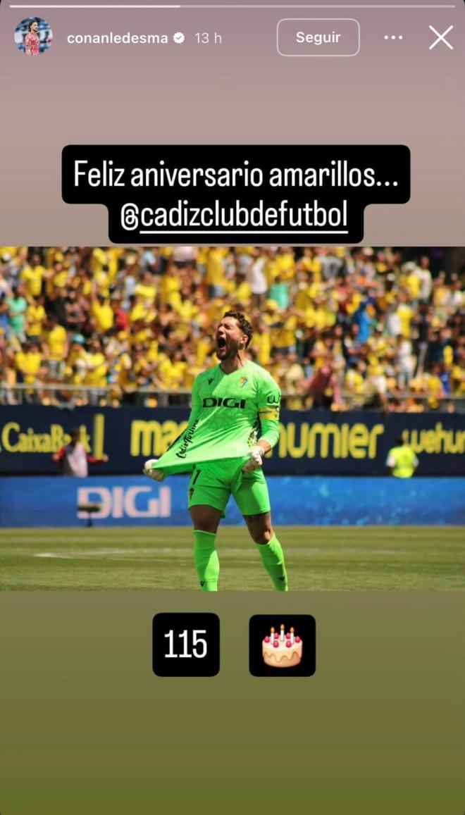 Conan Ledesma felicita al Cádiz en su perfil de Instagram.