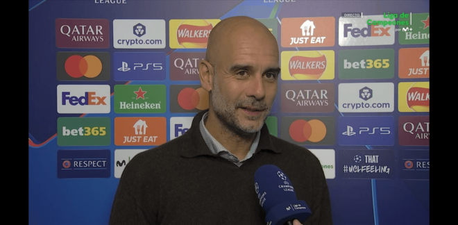 Pep Guardiola, habla tras el triunfo del Manchester City ante el Nápoles (captura Movistar +).