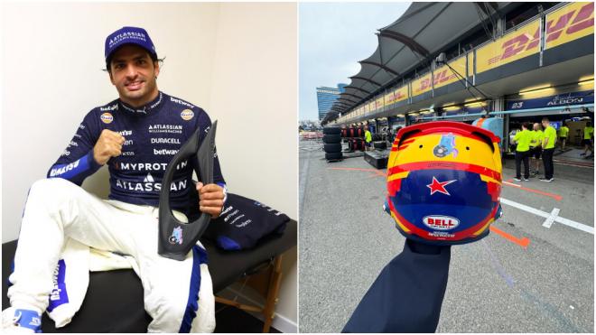 Carlos Sainz celebrando con el trofeo y el casco enseñando la pegatina talismán del unicornio (@w