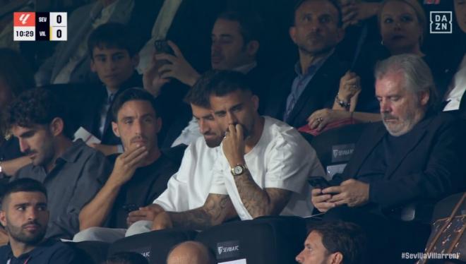 Iza Carcelén, García Pascual, Suso y Manuel Vizcaíno, en el Sevilla-Villarreal (Imagen: DAZN).