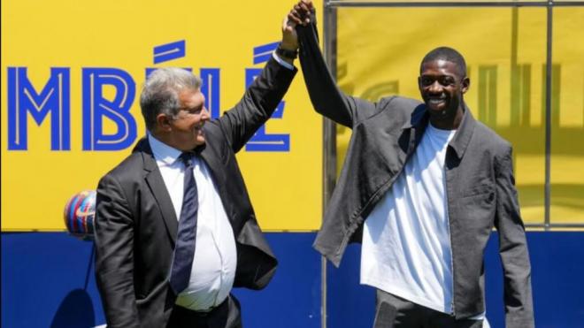 Joan Laporta y Ousmane Dembélé (Fuente: EFE)