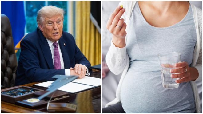 Fotomontaje de Donald Trump hablando para los medios (izquierda) y embarazada tomando una pastilla (derecha) (Foto: Europa Press y Freepik)