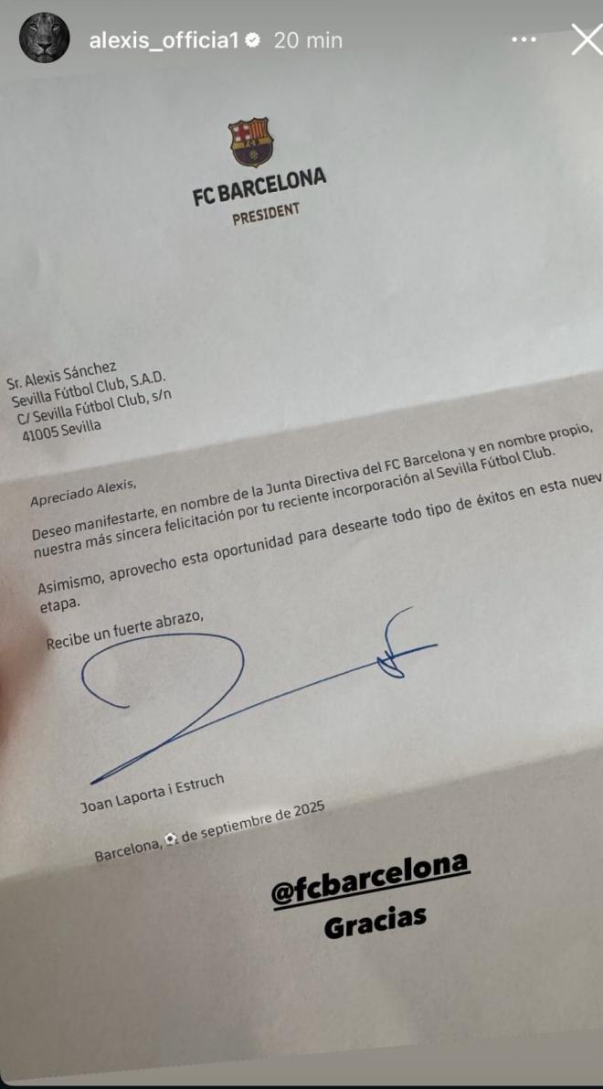 Carta de Joan Laporta a Alexis Sánchez felicitándole su fichaje por el Sevilla.