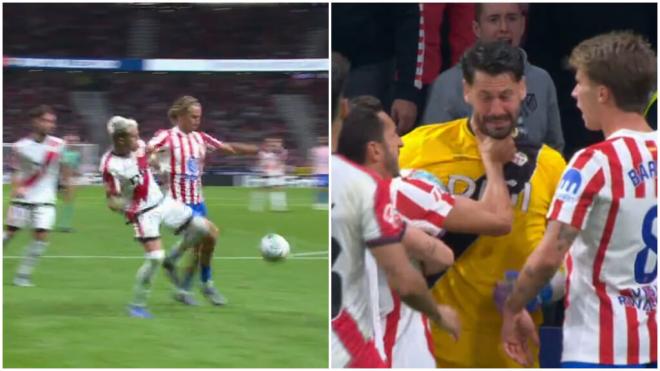 Marcos Llorente caer tras el golpe con Pep Chavarría y Koke agarra por el cuello a Batalla.