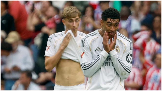 Dean Huijsen y Jude Bellingham en el derbi del Metropolitano. (EFE)