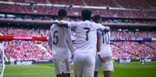 Bellingham, Mbappé y Vinicius celebran el 1-2 contra el Atlético.